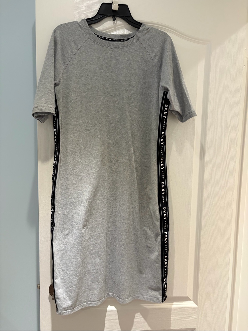 DKNY Gray Midi Dress with Black Logo Side Stripes